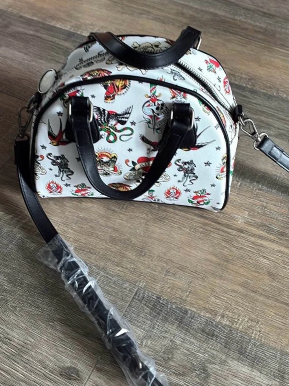New with tags White Tattoo-Print Dome Satchel Handbag with Black Trim